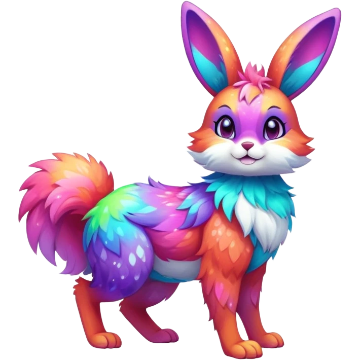 Vibrant multicolored neon-colored Falvie-Fionbri-creature-sparkle-bunny-hybrid-fursona, full body, fur pattern-markings emoji