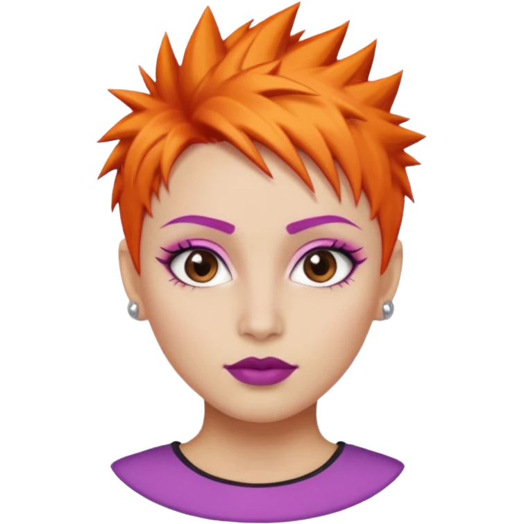 A person emoji with light skin, short spiky orange hair swept to one side, matching pink eyebrows, brown eyes, an oval-shaped face, a small nose, and dark lipstick. emoji