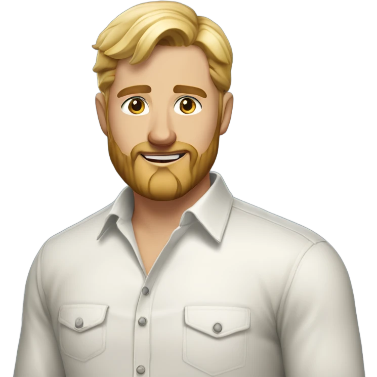 english man, short gel hair blonde, blonde medium length size full beard, light eyes, in a smart unbuttoned shirt. emoji