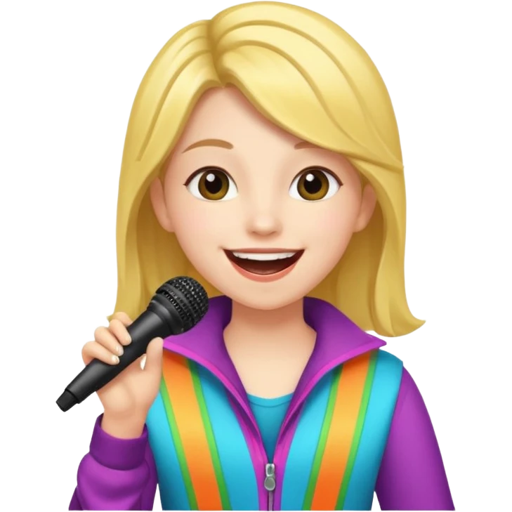 A cheerful teen singer with colorful outfit, performing with big smile. emoji