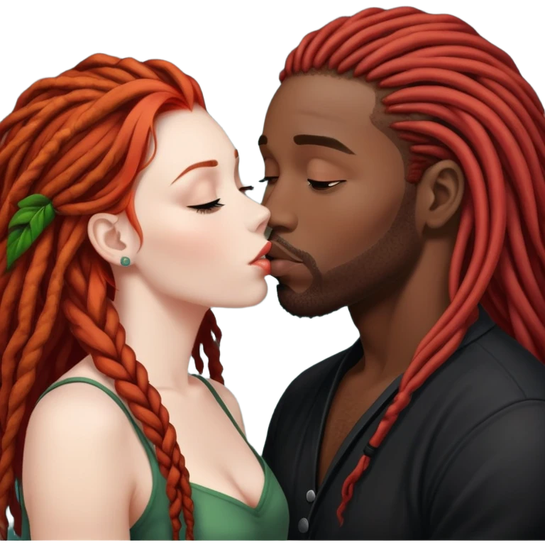 Mulher ruiva, pele branca, beijando um homem negro, com dreads nos cabelos emoji