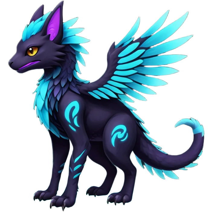 Black Dark Exotic Black, Cyan, Purple, Beaked Feathery Nocturnal Neon-glowing Abyssal Nightly Abyss-Cat-Gryphon-Salandit-Nargacuga-Silvally-Vernid-Sergal-Fakémon-Hybrid-Creature (full body) emoji