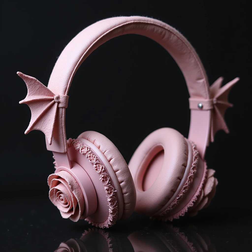 realistic pink gothic headphones with bat wing details, lace trim, and dark roses, photorealistic style emoji