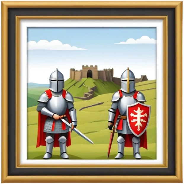  historical reenactment scene with knights in armor standing near Hadrian's Wall, emphasizing the division between Scotland and England. emoji