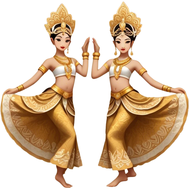 ​Cinematic Realistic Traditional Javanese Dancers, depicted as two graceful dancers in ornate traditional costumes with intricate batik patterns and elaborate headpieces, captured in dynamic poses during a ritual dance in an ancient temple courtyard, rendered with soft golden lighting and rich cultural textures, emoji