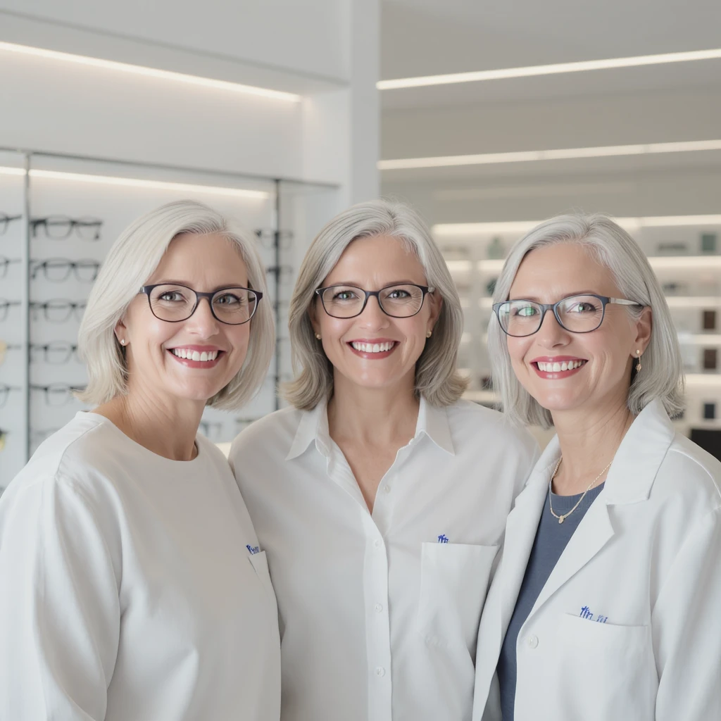 Cinematic still of a smiling three european white womans with glasses smiling, minimalistic ophthalmologist interior in background, leading  lines, rule of thirds emoji