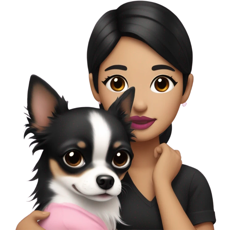 Thick medium black hair with black eyes and pink lip and pink cheek Filipino lady hugging black and white Chihuahua  emoji