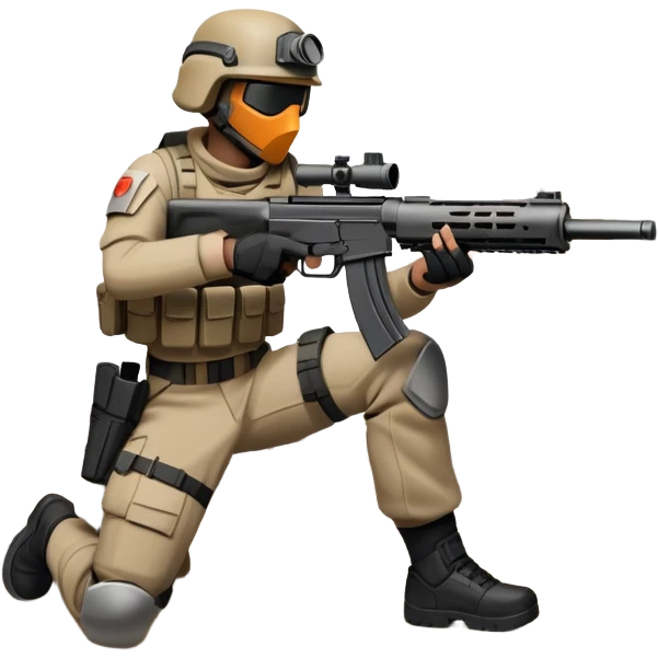 A skilled airsoft player aiming and shooting metal BBs from a replica gun, standing in a ruined urban environment. The background features crumbled walls and debris, emphasizing strategy, precision, and intense action in a tactical, team-based sport. emoji