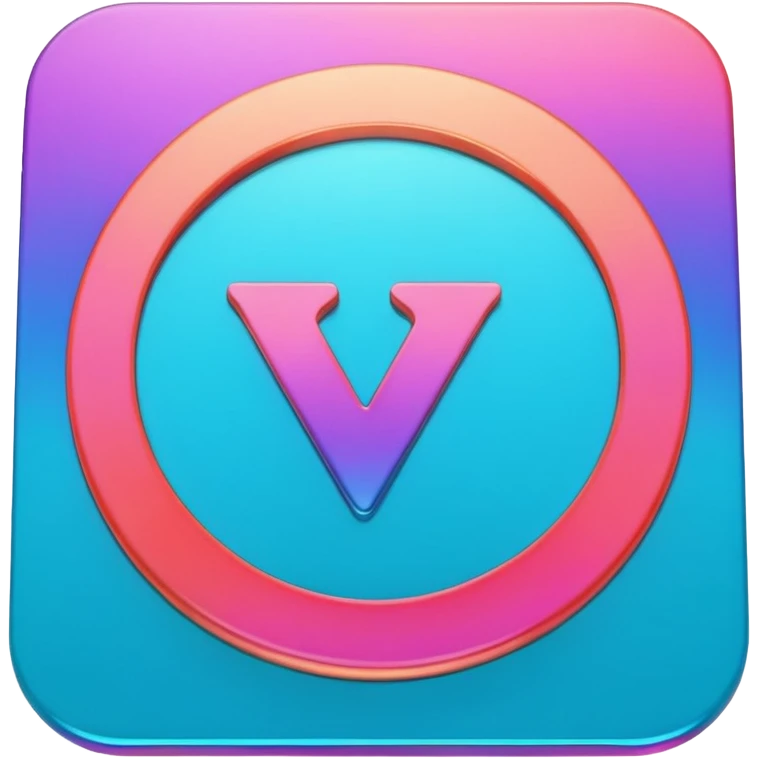 Credit coin in gradient of turquoise, blue, pink, purple, and coral as the main surface 3d rotate V letter emoji