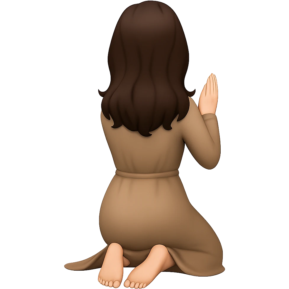 Create a woman kneeling and praying from the back view, with her feet visible and out behind her, wearing a long tan dress, with dark brown hair, matching the body figure of the reference image. The style should resemble emoji style. Remove the background. emoji