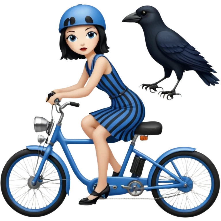 1920s coal hair hotrod Silkstone Marie Antoinette Morticia Addams Barbie Wednesday Addams from academy in a blue and black vertically-striped classic dress. riding matte black hot rod electric bikes with crows emoji