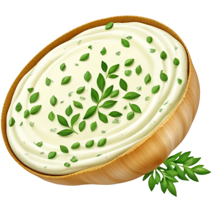 realistic garlic and herb cream cheese thick dollop or swirl white green herb flecks garlic bits smooth glossy visible flecks optional ramekin no bread vegetables garnish or faces clean 3D soft lighting transparent background emoji scale emoji