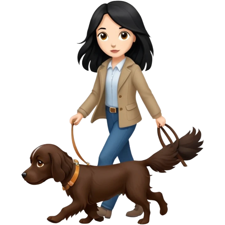 A girl with long black hair walks a brown springer spaniel emoji