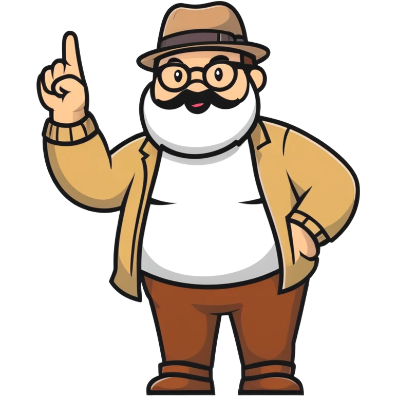 Fat bearded nerd wearing fedora hat pointing up to the sky with finger emoji