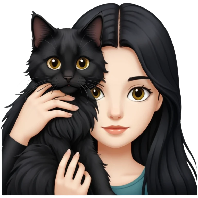 Fair skin beautiful black long hair girl holding maine coon black emoji