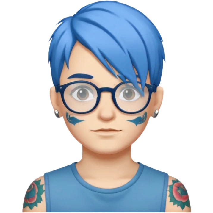 person with blue hair, glasses, visible tattoo emoji