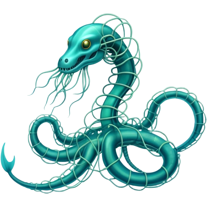 A phosphorescent deep-sea serpent made of electric wires and cables with rubber scales that reveal its electric skeleton, possessing both jellyfish-like tendrils and the ability to generate electrical pulses that illuminate the ocean depths. emoji