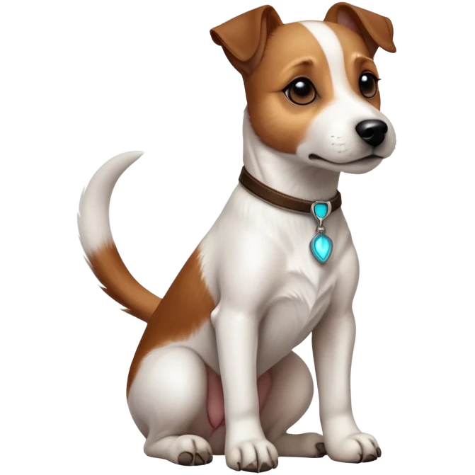 cinematic-[jack Russel terrier]-realistic-full-body-sitting-emoji,-tail-resting-loosely-beside-its-paws,-head-tilted-dramatically, -sleek-[brown and white]-fur,-simplified-yet-realistic-focused-features,-highly-detailed,-glowing-with-an-almost-sarcastic-glow emoji