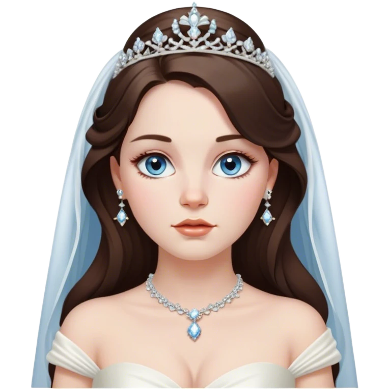 vivienne westwood style wedding dress with dainty diamonds hanging down from the waist. long brunette haired women with silver jewelry and tiara. medium blue eyes. long eyelashes. chubby cheeks. High cheekbones. symmetrical face proportions  emoji