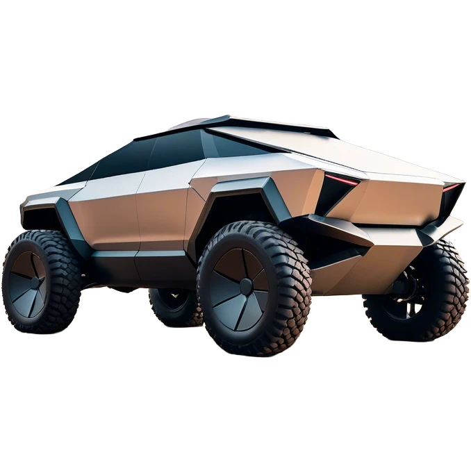 Tesla Cybertruck - A futuristic Tesla Cybertruck, angular and geometric with a sharp, triangular body shape. Stainless steel exoskeleton with a raw, unpainted, brushed-metal finish. A sleek, narrow LED light bar stretches across the entire front. Large, rugged off-road tires with exposed wheel arches. Smooth, handle-free doors and a slanted, armored rear with a retractable tonneau cover. Rear LED strip mirroring the front. The vehicle looks like a sci-fi-inspired, bulletproof stealth tank on wheels, set in a high-tech urban environment at sunset, with reflections on its metallic surface. emoji