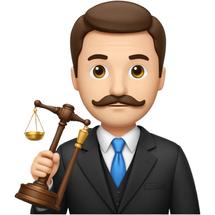 “Create a clean, modern emoji-style illustration of a male lawyer. He is wearing a formal suit jacket. He is holding a judge’s gavel in one hand and has a law book tucked under his arm. He has a mustache and a short beard, and emoji