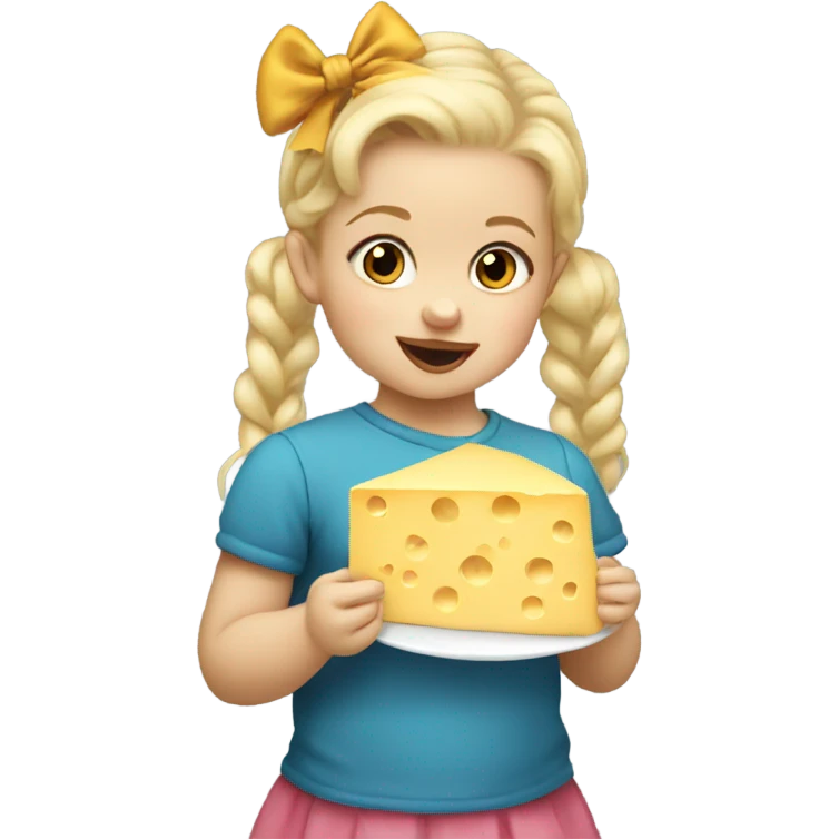 Blonde toddler with pigtails with bows eating cheese emoji
