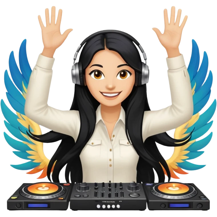Woman white, 40 age, long Black hair, smile, left hands up, DJ setup in front, phenix behind emoji