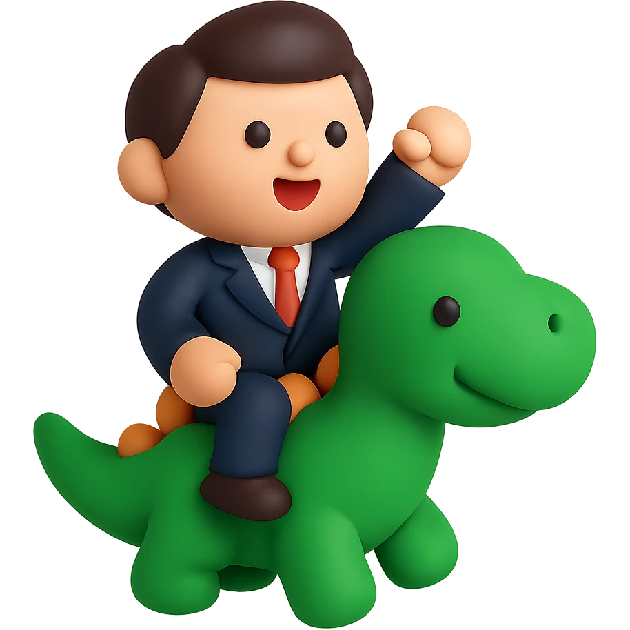 A businessman character riding on top of a friendly dinosaur emoji