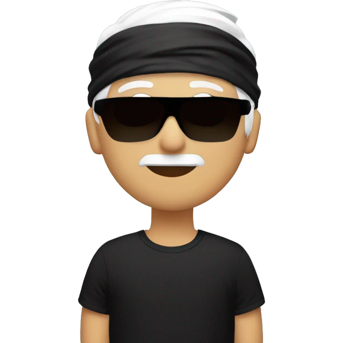 Guy with white hair wearing a black blindfold ￼and black turtle shirt emoji
