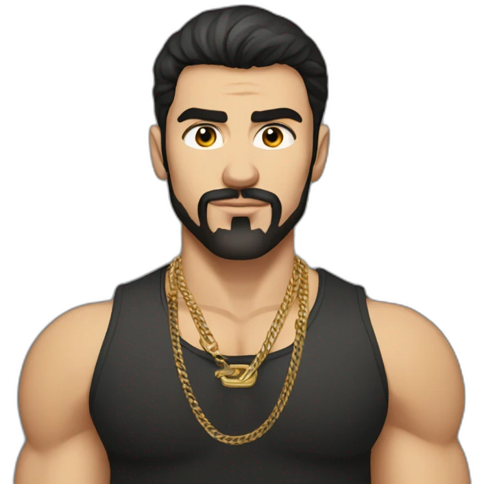 Russian muscular thug man aged 26 wearing gold chain with black hair and short beard emoji