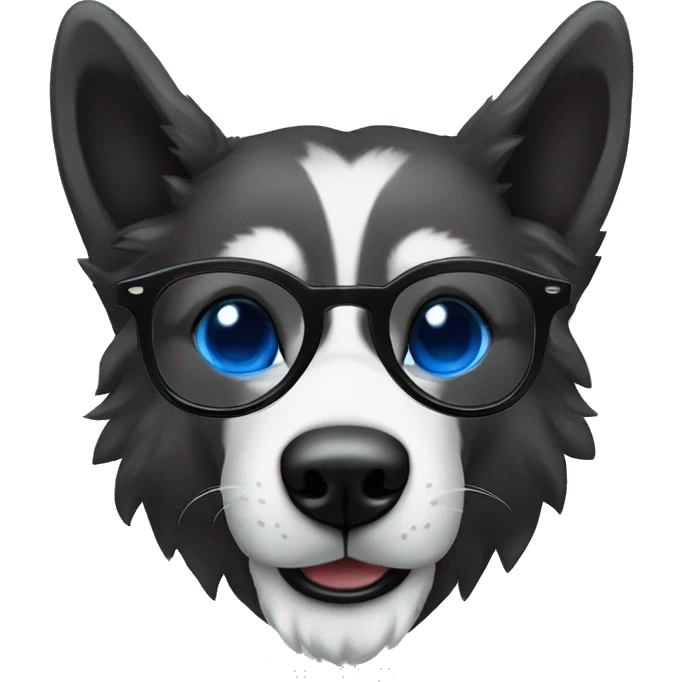 Lobo siberiano negro con blanco con un ojo azul y uno café con heterocromia riendo con gafas  emoji