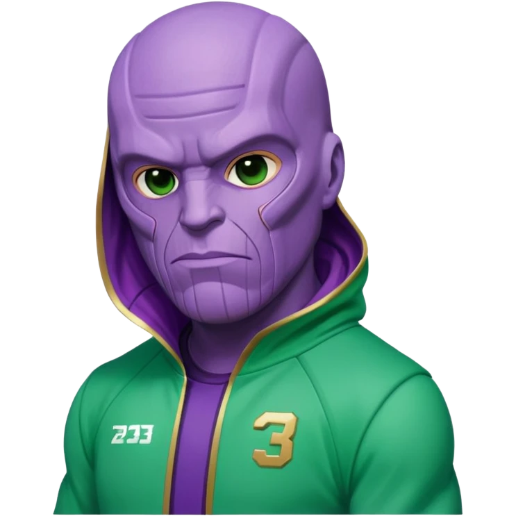 purple-skinned Thanos wearing a green Squid Game player tracksuit with number 230 emoji