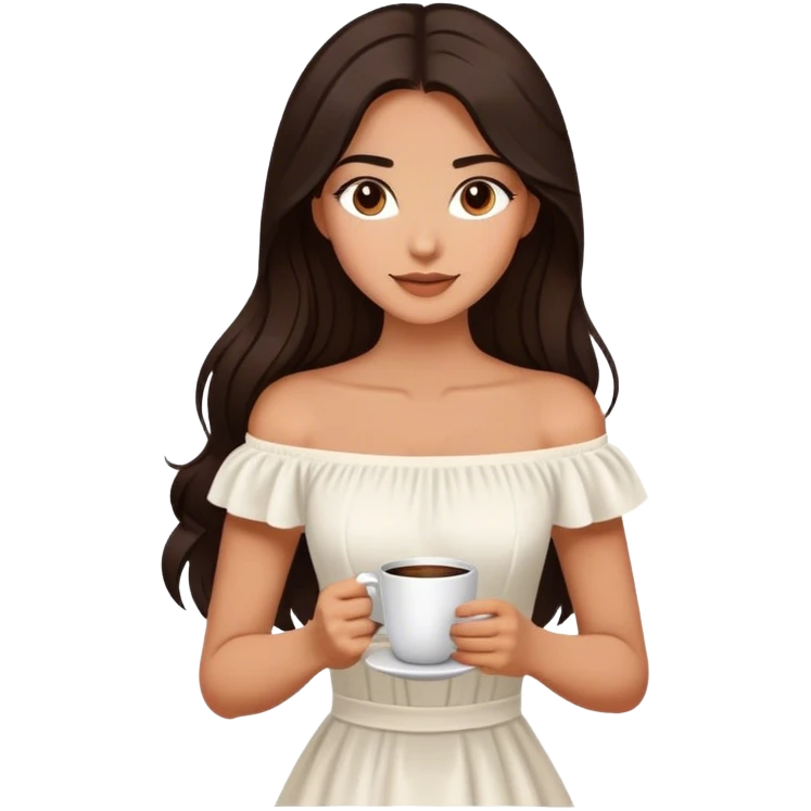 Beautiful woman in 1950’s woman fashion look, off-shoulder white dress, long dark brown hair, coffee emoji
