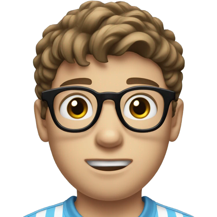 A shy teenage boy with tousled brown hair, large blue eyes, and thick black-rimmed glasses. He wears a light blue striped polo and has a white cast on his left arm. he's nervous emoji