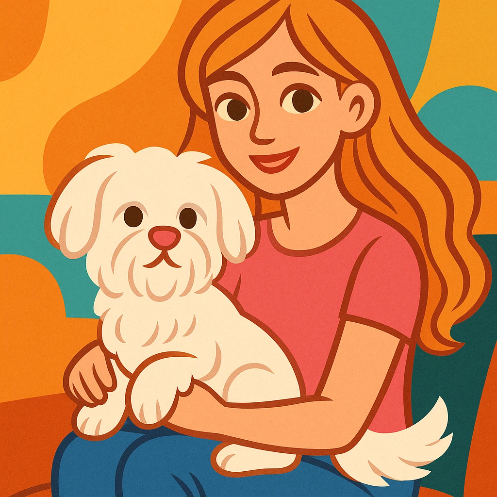a white Maltese terrier with a pink nose sitting on the lap of a girl with long, blow-dried strawberry blond hair, brown eyes, thin eyebrows, a slim nose, and beautiful lips, warm inviting illustration style emoji