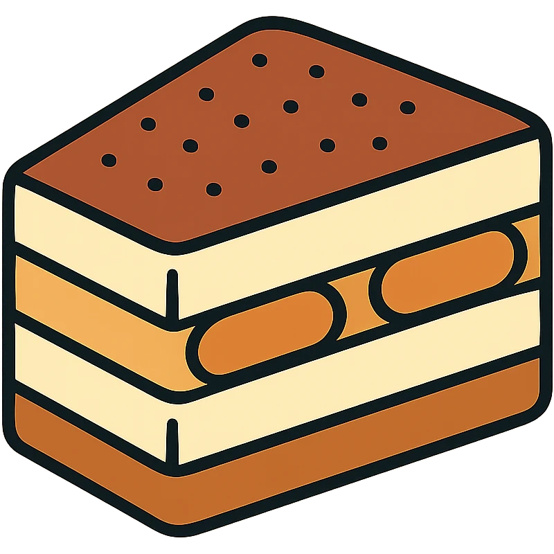 Tiramisu dessert slice with coffee-soaked ladyfingers, mascarpone cream layers, and cocoa powder on top emoji