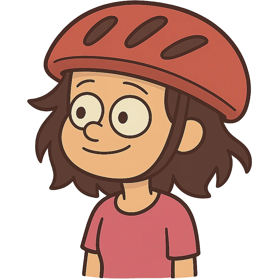 Change the girl's dress color to pink, keep the red bike helmet, no background. Maintain the cartoon style of the image. emoji