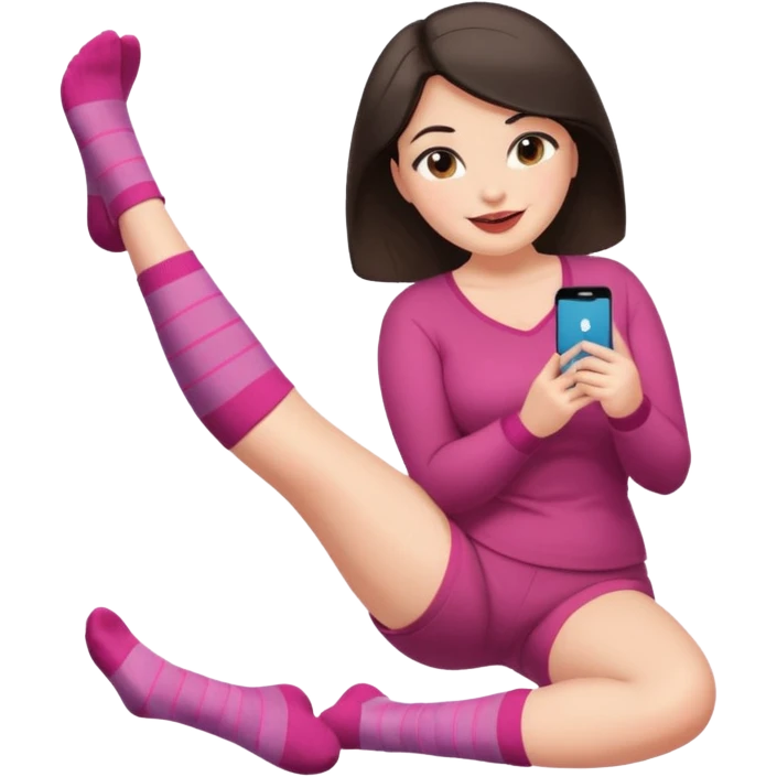 Cute curvy woman dark hair brown eyes big ass big chest skin coloured clothes socks legs up sole facing camera blushing face lip stick smile nervous close up of fewt emoji