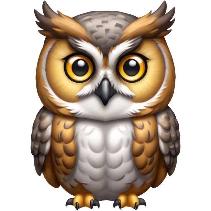 Cinematic Cute Great Horned Owl Portrait Emoji, Head tilted playfully and inquisitively, featuring a lush mottled Fur with intricate patterns of gray and white, round, sparkling golden eyes filled with curious wonder, Simplified yet irresistibly adorable features, highly detailed, glowing with a warm, friendly glow, high shine, affectionate and wise, stylized with a touch of nocturnal whimsy, bright and endearing, soft glowing outline, capturing the essence of a mischievous yet loving owl, so playful it feels like it could glide out of the screen and perch in your arms! emoji