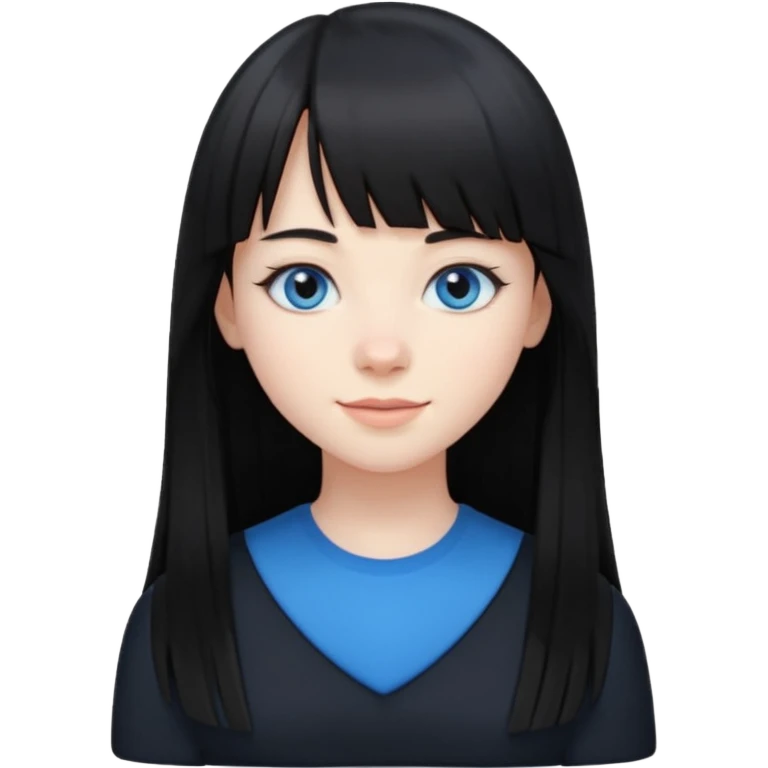 20 yr old woman long straight black hair, pale skin, blue eyes, black clothes, small smile, bangs emoji