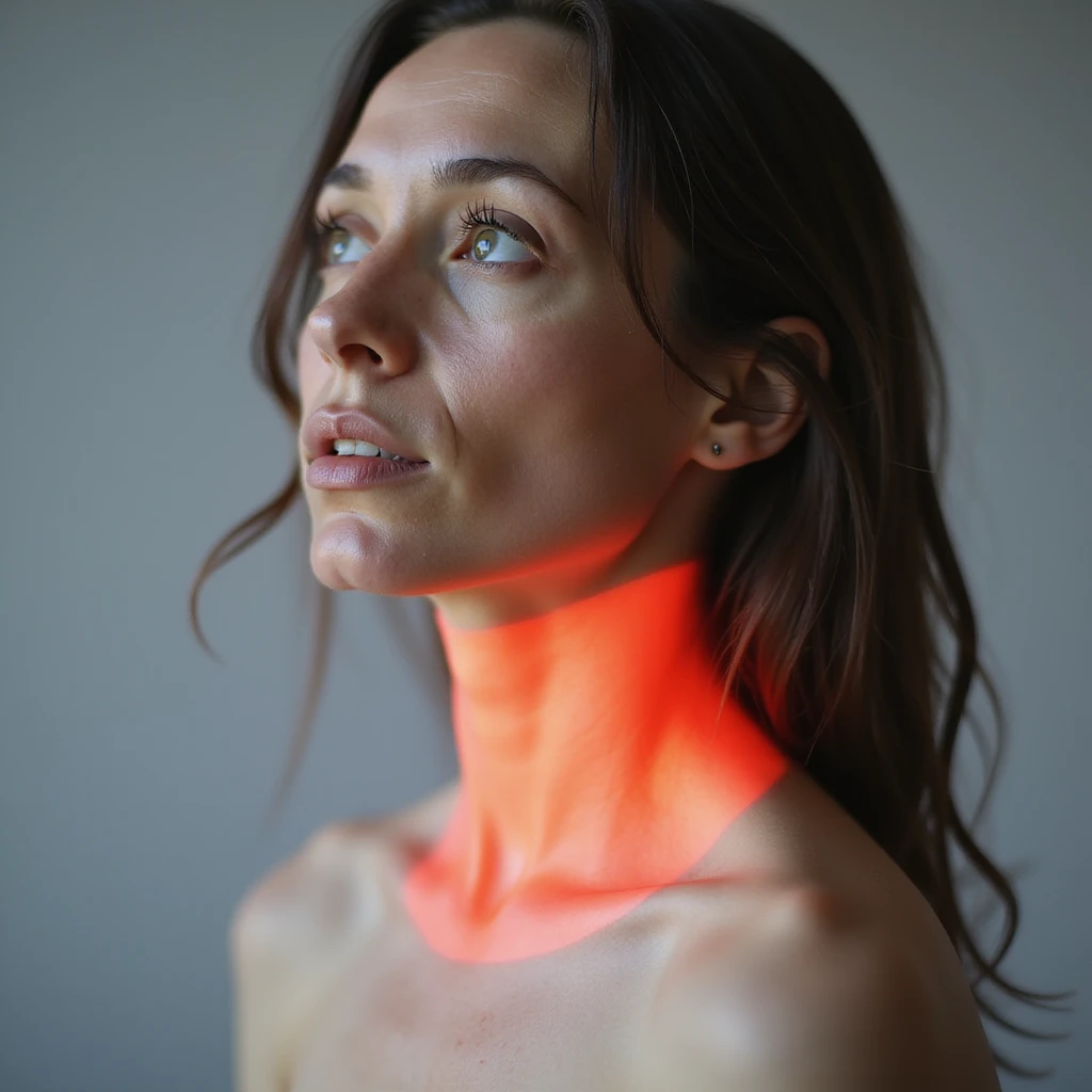 woman with hyperthyroidism, thyroid highlighted in red on the neck, protruding eyes, thin skin, anatomical focus on thyroid, hyperrealism, 4K, neutral background emoji