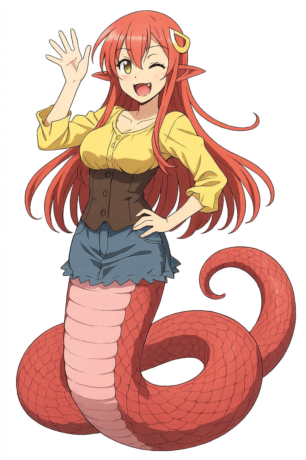 Miia from Monster Musume, anime style, full body, vibrant colors, playful expression emoji