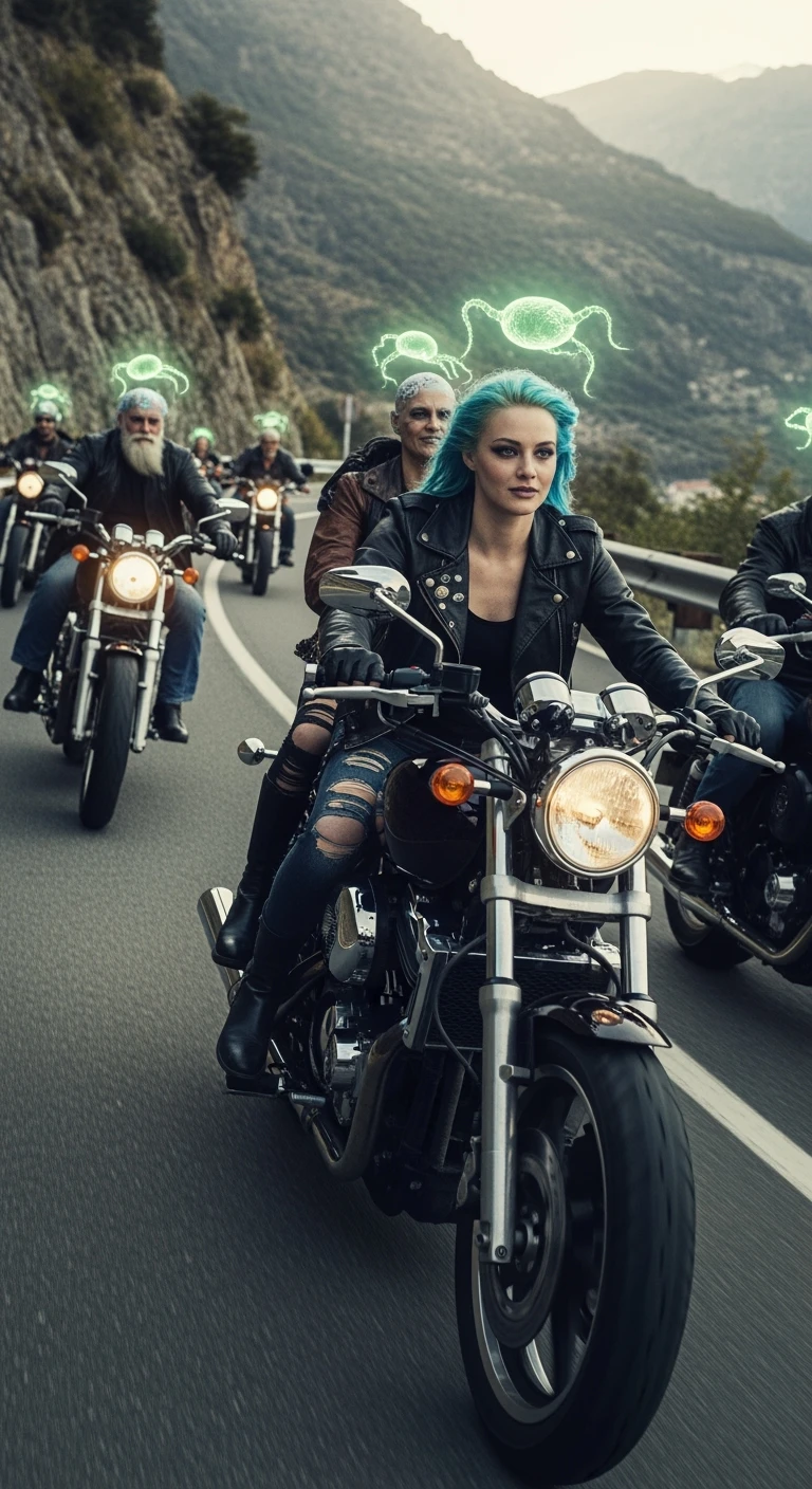 A group of motorcyclists riding aggressively along a winding mountain road at high speed. Their expressions are eerily calm and fearless. Faint, translucent parasite-like forms (symbolizing Toxoplasma gondii) overlay their heads or brains, emitting a subtle glow. emoji