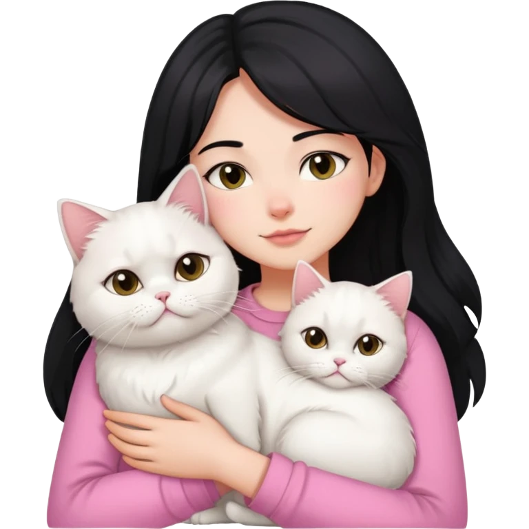 Black layered hair girl pink shirt snuggling one white Persian cat emoji