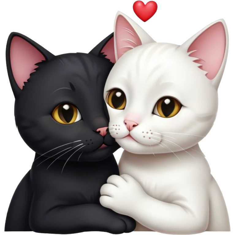 Big black cat face is kissing a small white cat face with hearts above emoji