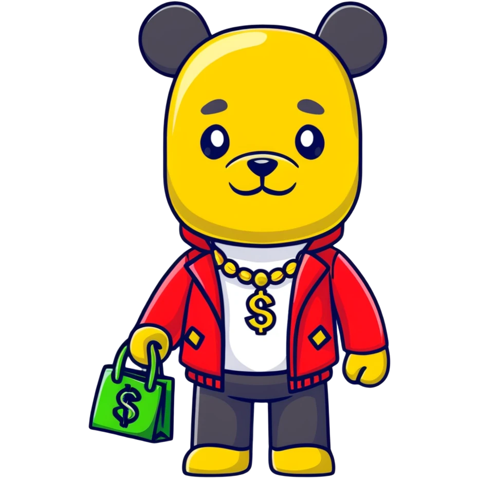 cool hustler bearbrick with money bag, luxury clothes, and bling jewelry emoji