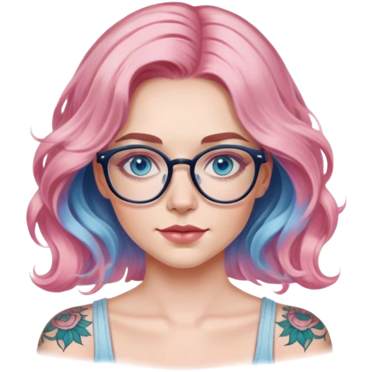  Hyper Realistic model, pale woman, pink wavy balayage hair, blue eyes and glasses, shoulder tattoo  emoji