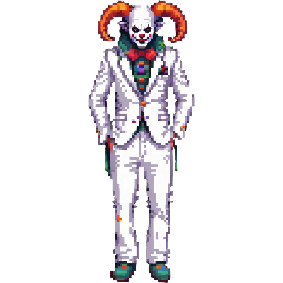 full-body demonic clown in a white leisure suit with bellbottom pants, bald, with black ram horns emoji