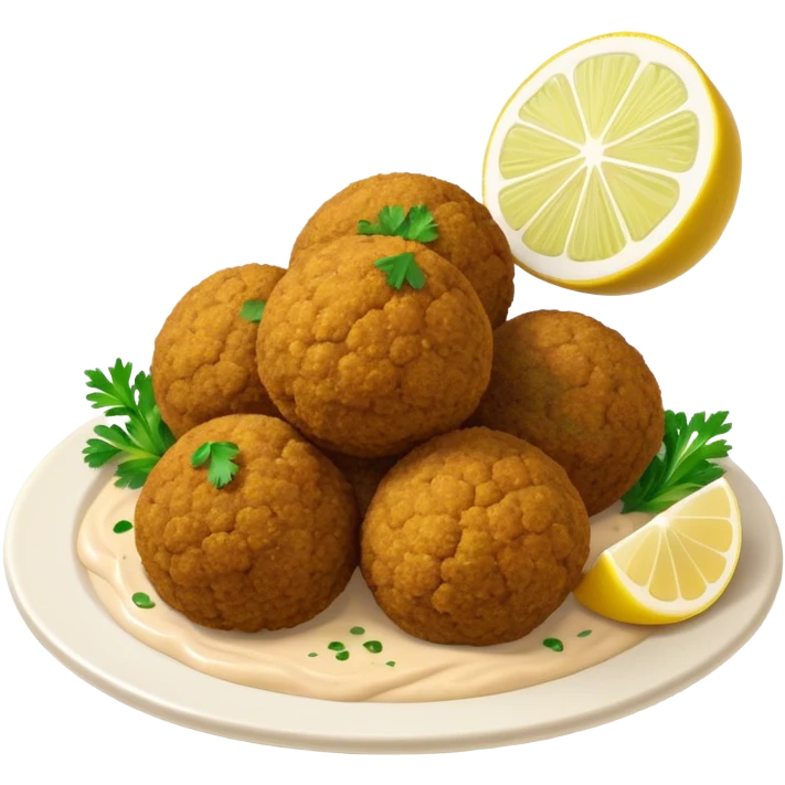 Cinematic Realistic Falafel Dish Emoji, depicted as crispy, golden falafel balls served with tahini sauce rendered with lifelike textures and vibrant, appetizing lighting. emoji