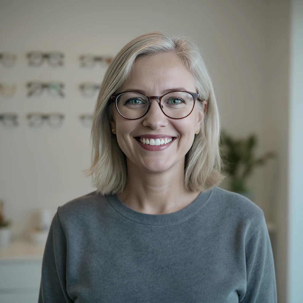 Medium shot, Cinematic still of a smiling european white woman with glasses smiling, minimalistic ophthalmologist interior in background, leading  lines, rule of thirds emoji